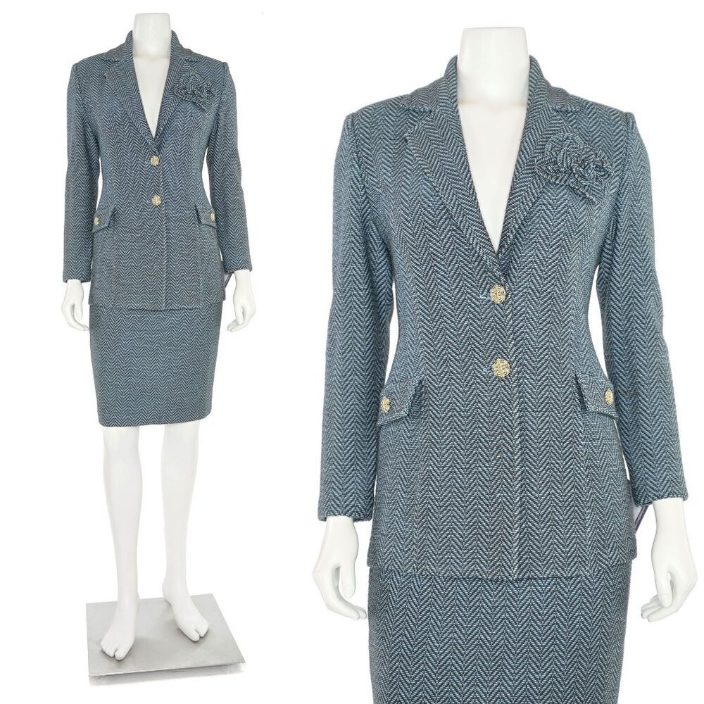 St. John Collection 2Pc Herringbone Jacket & Skirt Suit in Light Blue/Charcoal